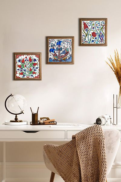 Pinecone Tile Art Tulip, Sailing Ship Stone Wall Painting with Wooden Frame Wall Decor 3 Piece Painting Set
