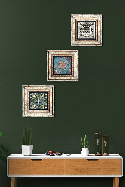 Pinecone Arborele vieții, floarea vieții, arta țiglă pictură pe perete de piatră decor de perete înrămat set 3 piese Tk3-697
