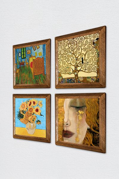 Pinecone Van Gogh, Gustav Klimt Stone Wall Painting with Wood Frame Wall Decor 4 Piece Painting Set W4-684