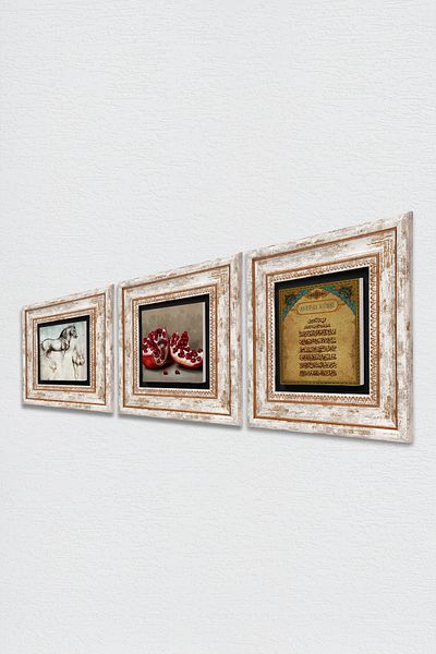 Pinecone Verse-Hand Kursi, Pomegranate, Horse Stone Wall Painting Framed Wall Decor 3 Piece Painting Set Wall Art Tk3-1305