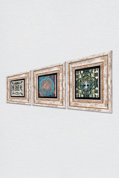 Pinecone Arborele vieții, floarea vieții, arta țiglă pictură pe perete de piatră decor de perete înrămat set 3 piese Tk3-697