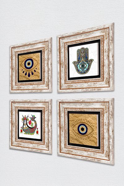 Pinecone Evil Eye, Şahmeran, Fatma Ana Eli (HAMSA) Pictură pe perete cu pietre, decor de perete înrămat, set de 4 piese Tk4-1496