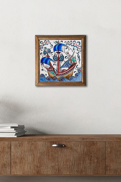 Pinecone Tile Art Sailing Ship Stone Wall Painting Wood Framed Wall Decor Wall Art 25X25Cm