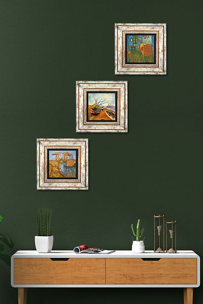 Pinecone Van Gogh Pictură pe perete cu piatră Decorație de perete înrămată Set de pictură din 3 piese Wall Art Tk3-542