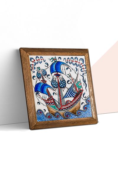 Pinecone Tile Art Sailing Ship Stone Wall Painting Wood Framed Wall Decor Wall Art 25X25Cm