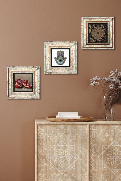 Pinecone Sri Yantra, Rodie, Fatma Ana Hand (HAMSA) Pictură pe perete cu piatră Decor de perete înrămat Set 3 piese Tk3-751