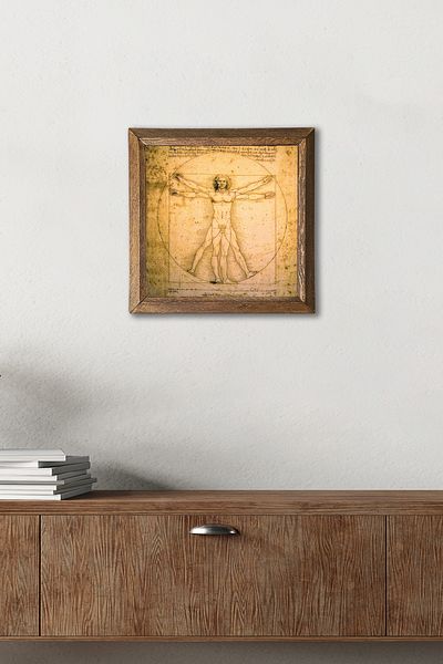 Pinecone Leonardo Da Vinci Vitruvian Man Pictură pe perete din piatră cu cadru din lemn Decor de perete Artă de perete 25x25cm
