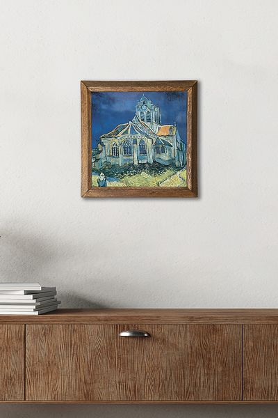 Pinecone Vincent Van Gogh Church in Auvers Stone Wall Painting Wood Framed Wall Decor Wall Art 25x25cm