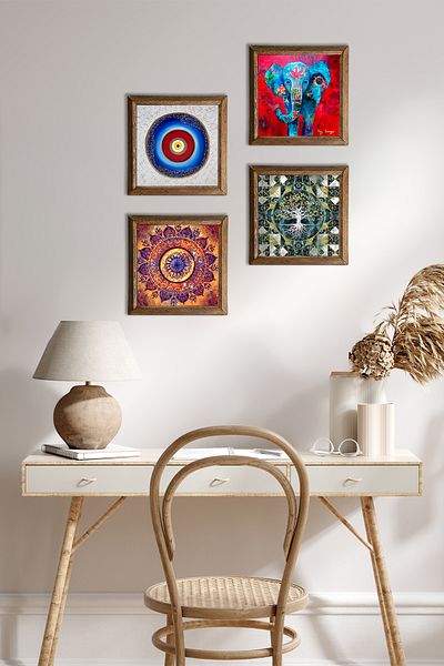 Pinecone Evil Eye, Tree of Life, Mandala, Elephant Stone Wall Painting Wooden Framed Wall Decor 4 Piece Painting W4-887