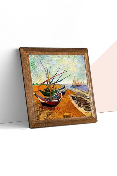 Pinecone Vincent Van Gogh Fishing Boats Stone Wall Painting with Wooden Frame Wall Decor Wall Art 25X25Cm