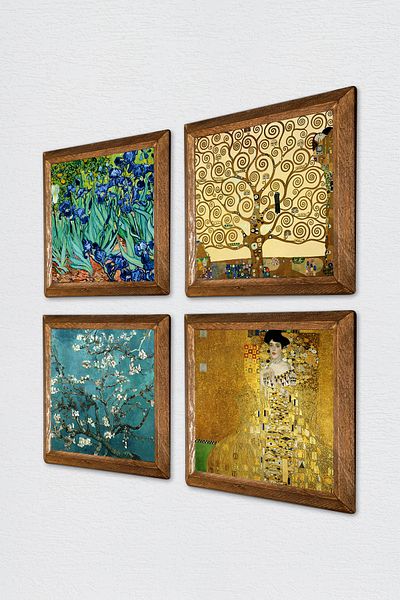 Pinecone Gustav Klimt, Van Gogh Stone Wall Painting with Wood Frame Wall Decor 4 Piece Painting Set W4-678