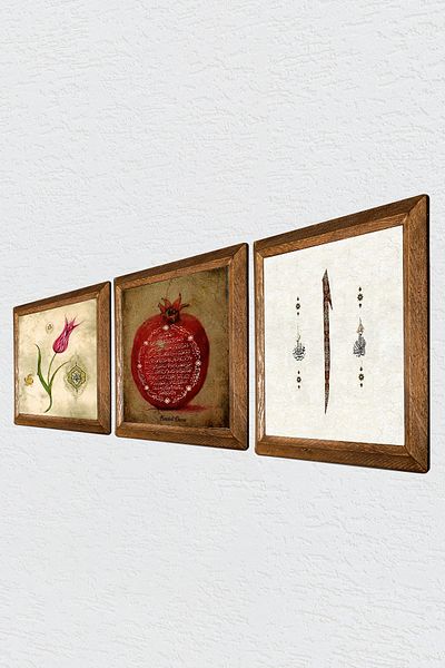 Pinecone Lale Ebru Art, Elif, Rugăciunea Abundance Pictură pe perete din piatră Decor de perete cu rame din lemn Set de picturi din 3 piese