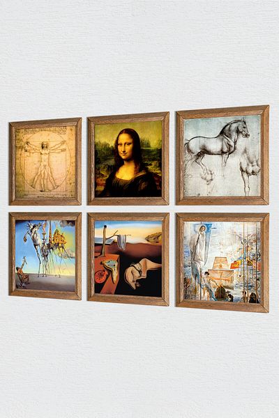 Pinecone Leonardo Da Vinci, Salvador Dali Stone Wall Painting with Wooden Frame Wall Decor 6 Piece Painting Set