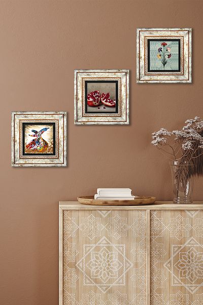 Pinecone Marbling Art, Whirling Dervish, Pomegranate Stone Wall Painting Framed Wall Decor 3 Piece Painting Set Tk3-892