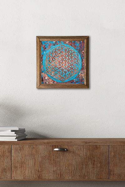 Pinecone Flower of Life Stone Wall Painting Wooden Framed Wall Decor Wall Art 25X25Cm W1-190