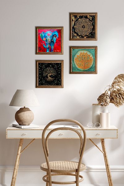 Pinecone Elephant, Sri Yantra, Lotus Flower, Tree of Life Stone Wall Painting Wooden Framed Wall Decor 4 Piece Painting