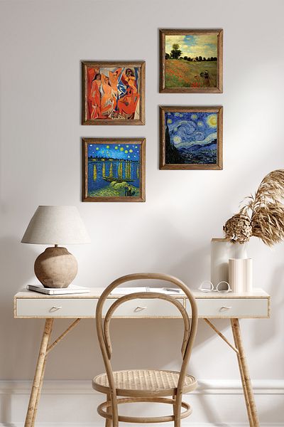 Pinecone Picasso, Monet, Van Gogh Pictură pe perete de piatră Decor de perete cu rame din lemn Set de pictură 4 piese W4-942