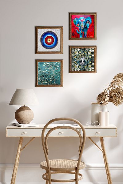 Pinecone Evil Eye, Tree of Life, Elephant, Van Gogh Almond Tree Stone Wall Painting with Wooden Frame Wall Decor