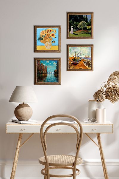 Pinecone Van Gogh, Claude Monet Stone Wall Painting with Wood Frame Wall Decor 4 Piece Painting Set W4-1022