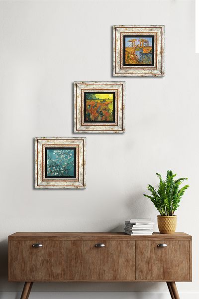 Pinecone Van Gogh Red Vineyard, Langlois Bridge, Almond Tree Stone Wall Painting Framed Wall Decor 3 Piece