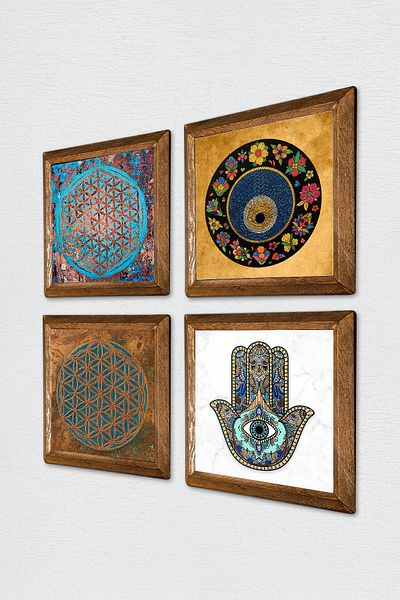 Pinecone Flower of Life, Evil Eye, Fatma Mother Hand Stone Wall Painting Wooden Framed Wall Decor 4 Piece Painting W4-405