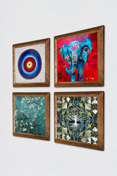 Pinecone Evil Eye, Tree of Life, Elephant, Van Gogh Almond Tree Stone Wall Painting with Wooden Frame Wall Decor