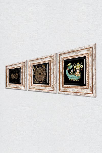 Pinecone Eye of Horus, Sri Yantra, Shahmeran Stone Wall Painting Framed Wall Decor Set of 3 Painting Wall Art