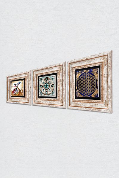Pinecone Flower of Life, Art of Chinan, Whirling Dervish Stone Wall Painting Framed Wall Decor Set of 3 Painting