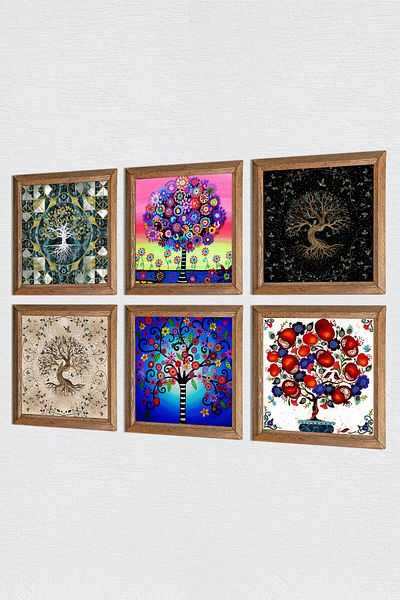 Pinecone Tree of Life, Pomegranate Tree Stone Wall Painting with Wooden Frame Wall Decor 6 Piece Painting Set Wall Art