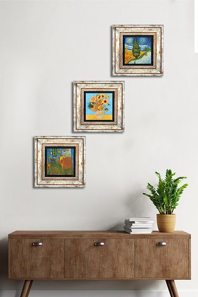 Pinecone Pictură pe perete cu piatră Van Gogh Decor de perete înrămat Set de pictură 3 piese Wall Art Tk3-557