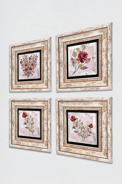 Pinecone Rose Flower Stone Wall Painting Framed Wall Decor 4 Piece Painting Set Wall Art