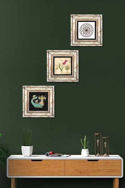 Pinecone Floarea vieții, artă marmură de lalele, pictură pe perete din piatră Shahmeran, set de 3 decorațiuni de perete înrămate Tk3-668