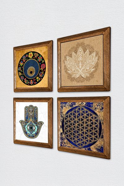 Pinecone Lotus Flower, Flower of Life, Evil Eye, Hand of Mother Fatma (Hamsa) Stone Wall Painting Framed Wall Decor