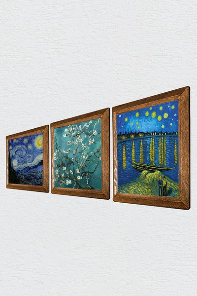 Pinecone Van Gogh Râul Râ, Noaptea înstelată, Pictură pe perete de piatră de migdală Decor de perete cu rame din lemn