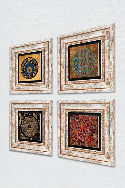 Pinecone Flower of Life, Sri Yantra, Evil Eye, Pattern Stone Wall Painting Framed Wall Decor 4 Piece Set Wall Art