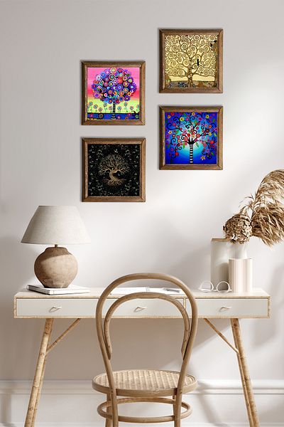 Pinecone Tree of Life Stone Wall Painting Wood Framed Wall Decor 4 Piece Painting Set Wall Art W4-659