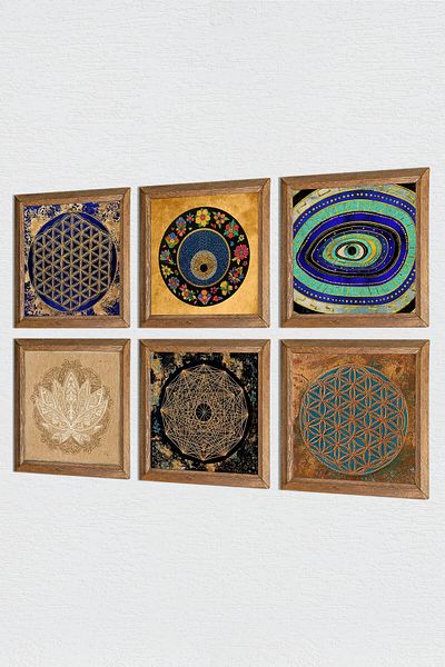 Pinecone Sri Yantra, Lotus Flower, Flower of Life, Evil Eye Stone Wall Painting Wooden Framed Wall Decor Painting