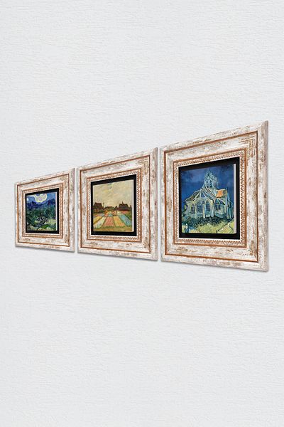 Pinecone Copaci de mări Van Gogh, biserică, câmpuri de lalele Pictură pe perete de piatră Decor de perete înrămat Pictură din 3 piese