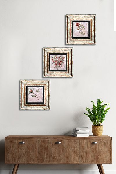 Pinecone Pictură pe perete cu flori de trandafir, cu cadru, decor de perete, set de pictură din 3 piese, artă de perete Tk3-1715