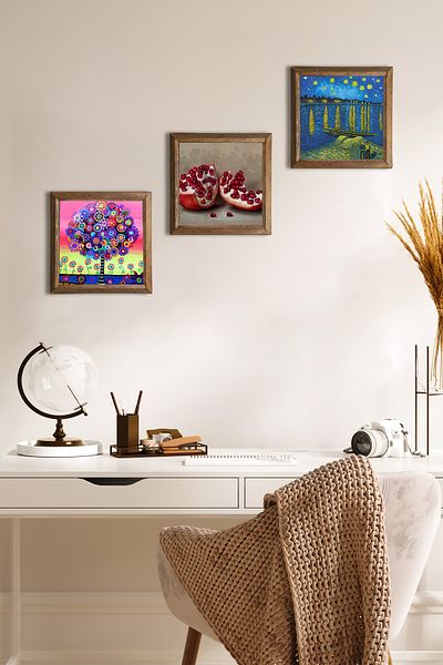 Pinecone Van Gogh an Starry Night at the Rhine, Tree of Life, Pomegranate Stone Wall Painting Framed Wall Decor