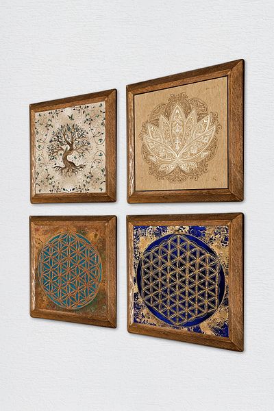 Pinecone Lotus Flower, Flower of Life, Tree of Life Stone Wall Painting Wood Framed Wall Decor Painting W4-819
