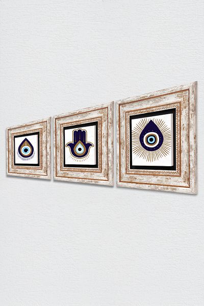 Pinecone Fatma Ana Hand (HAMSA), Pictură de perete cu piatră Nazar Decor de perete înrămat Set de pictură 3 piese Tk3-1721