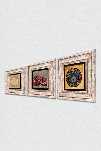 Pinecone Lotus Flower, Evil Eye, Pomegranate Stone Wall Painting Framed Wall Decor 3 Piece Painting Set Tk3-1605