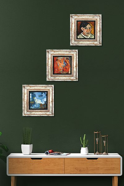 Pinecone Picasso Girls of Avignon, Self Portrait, Blue Room Stone Wall Painting Framed Wall Decor Set of 3 Painting