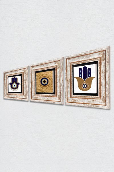 Pinecone Evil Eye, Fatma Mother Hand (Hamsa) Stone Wall Painting Framed Wall Decor 3 Piece Painting Set Tk3-1728