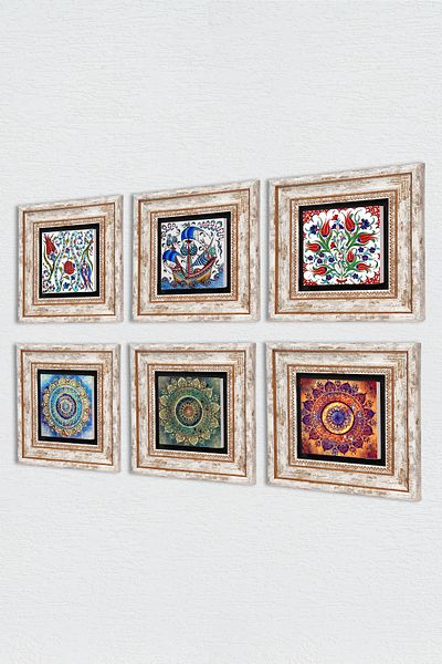 Pinecone Mandala, Tile Art Sailing Ship, Tulip Stone Wall Painting Framed Wall Decor Set of 6 Wall Art