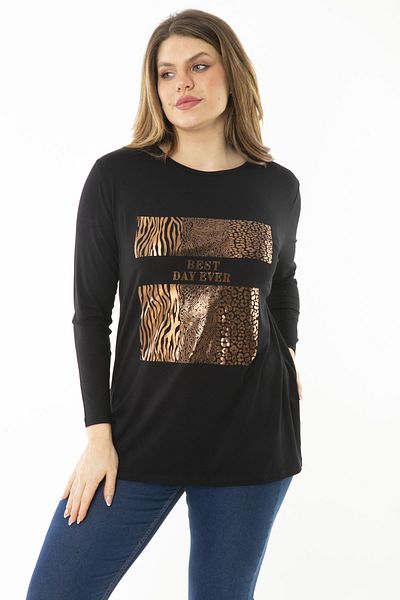 Şans Women's Plus Size Black Front Printed Long Sleeve Blouse 65N37155