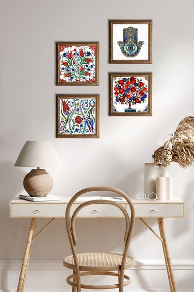 Pinecone Tulip, Pomegranate Tree, Fatma Mother Hand Stone Wall Painting Wooden Framed Wall Decor Set of 4 Paintings
