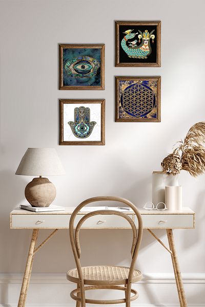 Pinecone Evil Eye, Floarea Vieții, Şahmeran, Mâna Domnii Fatma (hamsa) Pictură pe perete cu piatră Decor de perete cu rame din lemn