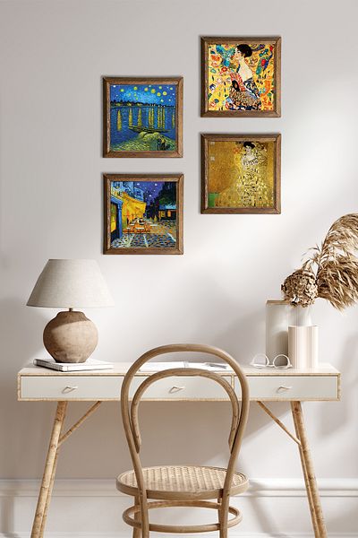 Pinecone Van Gogh, Gustav Klimt Stone Wall Painting with Wood Frame Wall Decor 4 Piece Painting Set W4-680